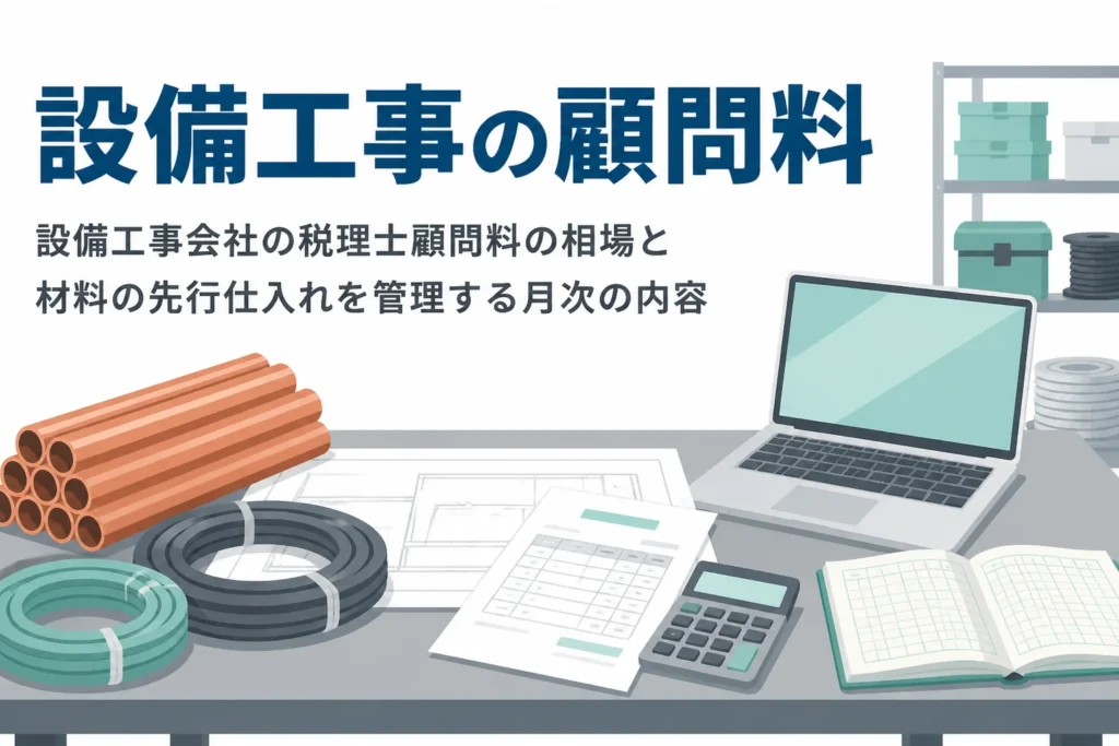 設備工事会社の税理士顧問料の相場と、材料の先行仕入れを月次で管理する内容を解説する記事のアイキャッチ