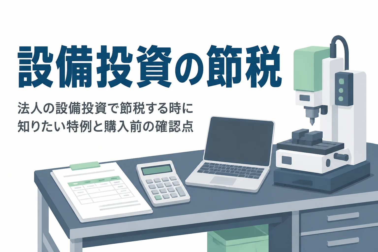 法人の設備投資で節税につながる特例と、購入前に税理士へ確認したい点を解説する記事のアイキャッチ