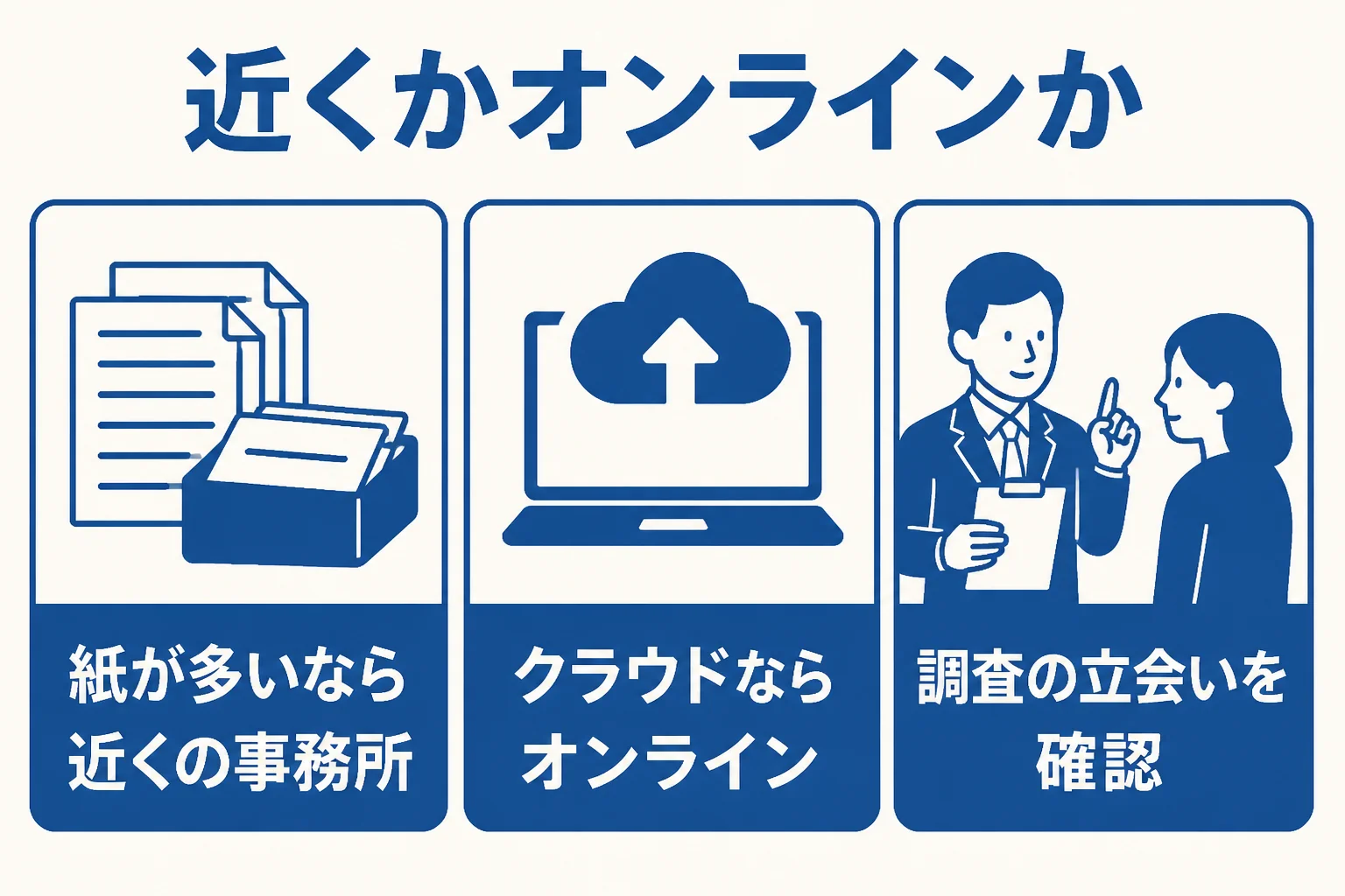 地方で税理士を探す時に近くの事務所とオンライン対応の税理士を選び分ける目安を示した図解