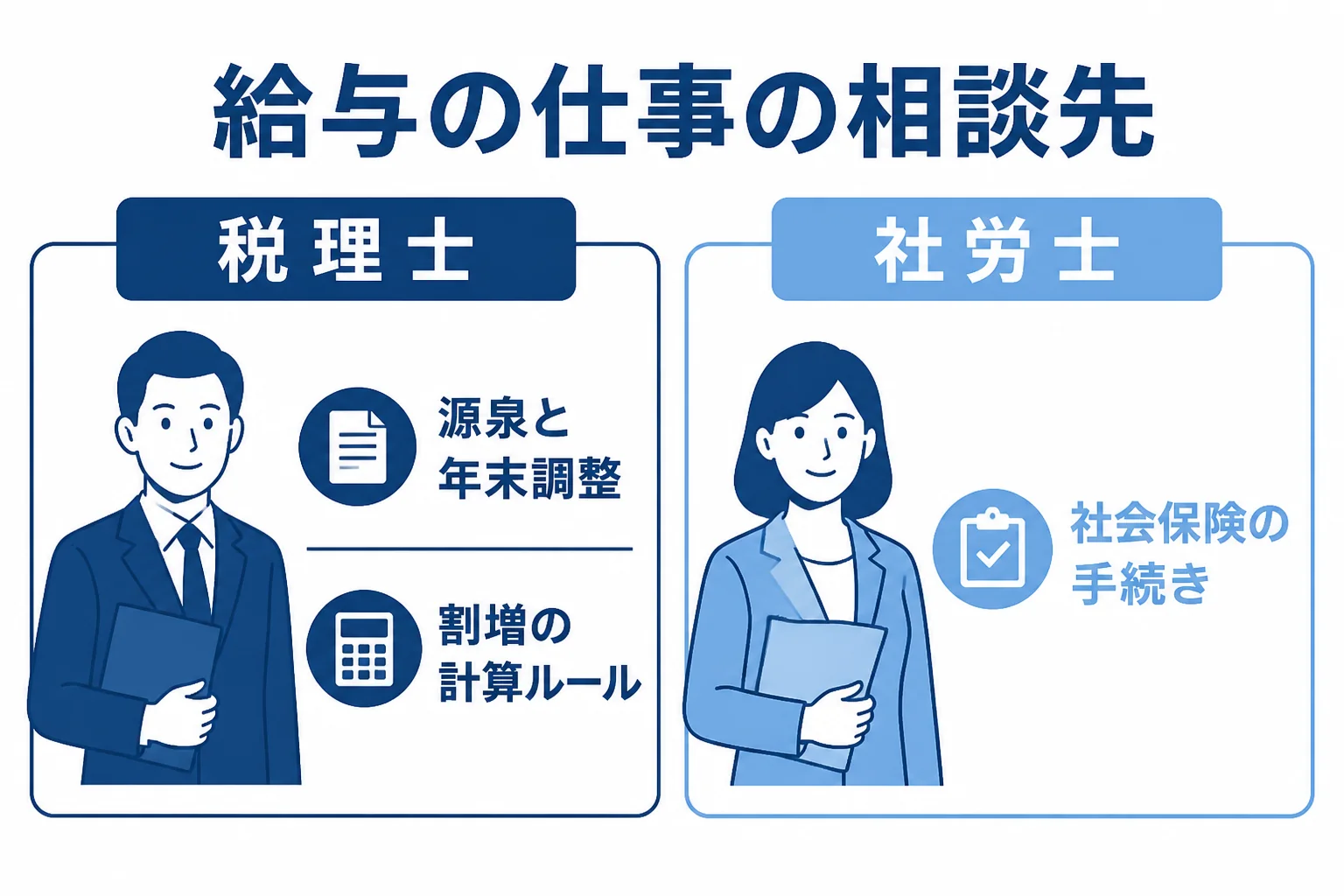 運送業の給与まわりの仕事を、税理士に頼む源泉所得税・年末調整と、社会保険労務士に頼む割増の計算・社会保険に分けて示した図解