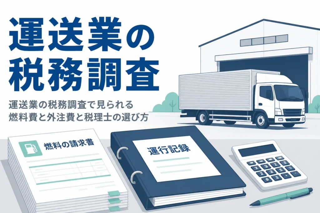 運送業の税務調査で見られる燃料費と外注費、税理士の選び方を解説する記事のアイキャッチ