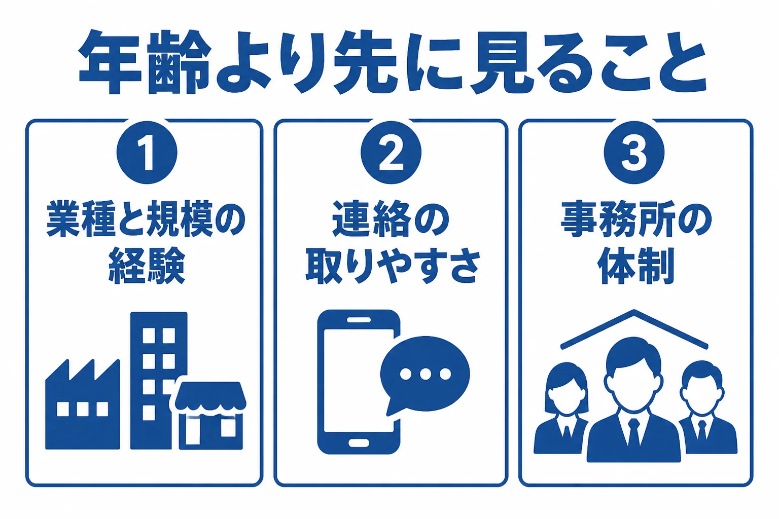 顧問税理士を選ぶ時に年齢より先に見る3つのポイントを示した図解