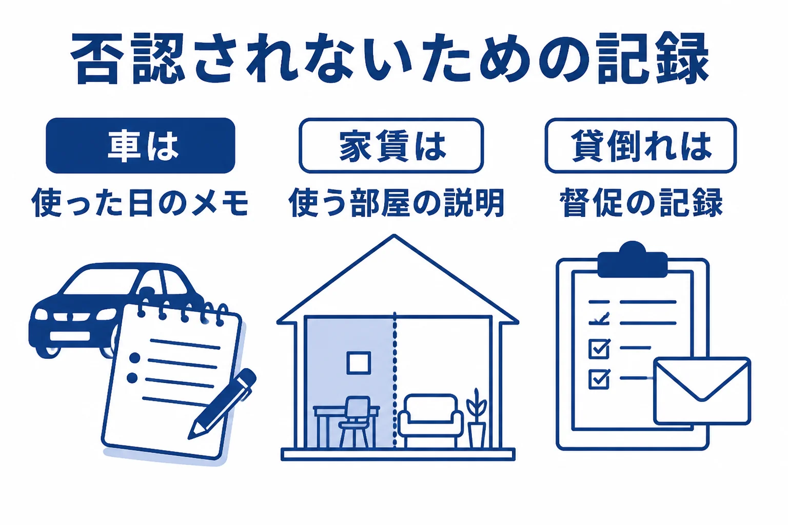 車の費用、自宅の家賃、貸倒損失の3つを否認されないために残す記録を示した図解