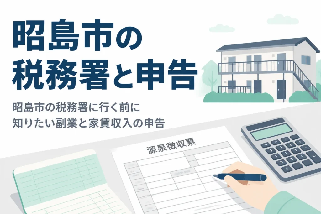 昭島市を管轄する税務署と、副業や家賃収入の確定申告を解説する記事のアイキャッチ