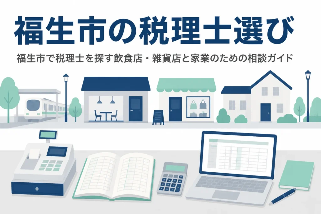 福生市で税理士を探す飲食店・雑貨店の店主や家業を継ぐ人に向けた記事のアイキャッチ