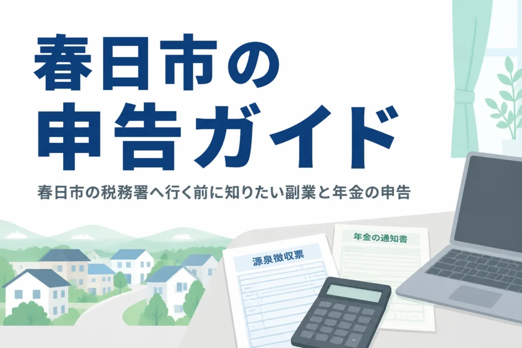 福岡県春日市で副業や年金の確定申告をする人向けに、税務署と相談先を解説する記事のアイキャッチ
