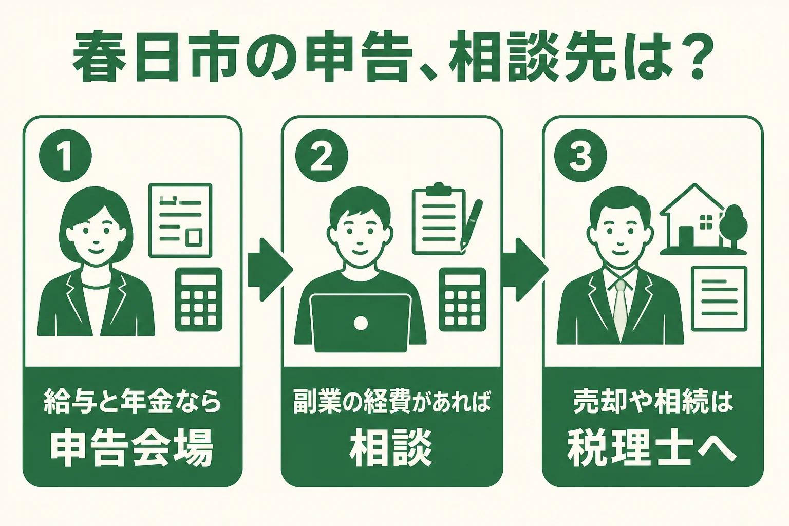 春日市の会社員や年金を受け取る人が、自分の状況に合わせて申告の相談先を選ぶ流れを示した図解