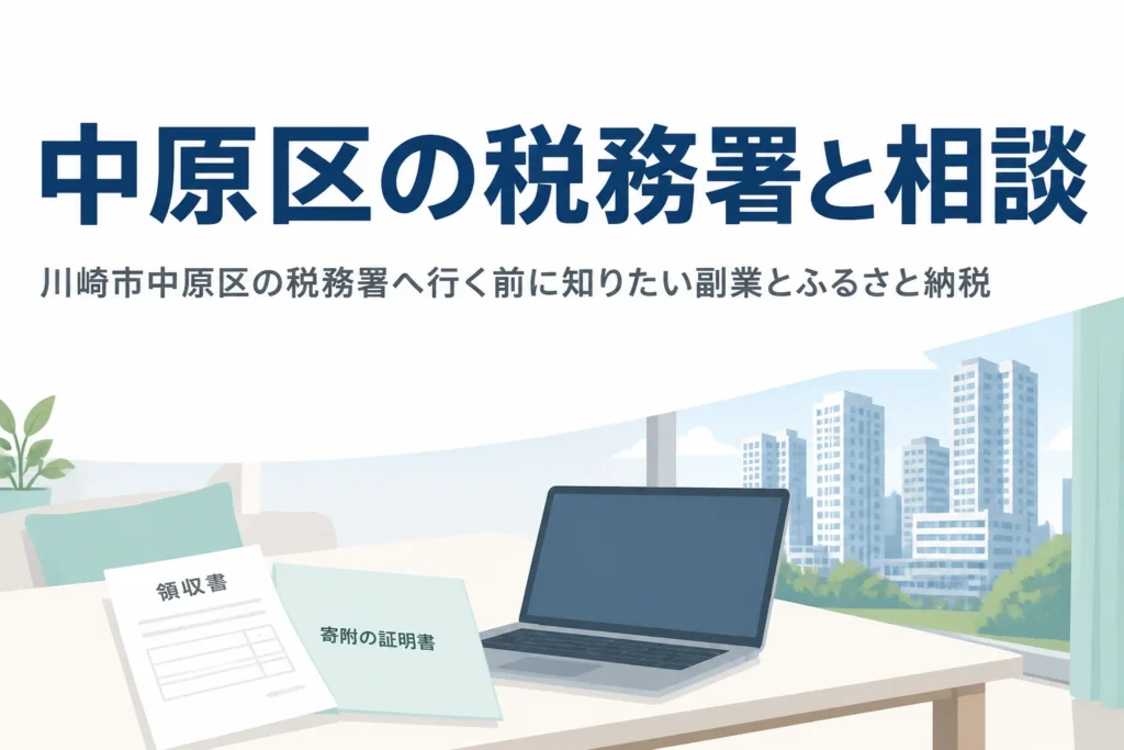 川崎市中原区の税務署と、会社員世帯の副業やふるさと納税の申告を解説する記事のアイキャッチ