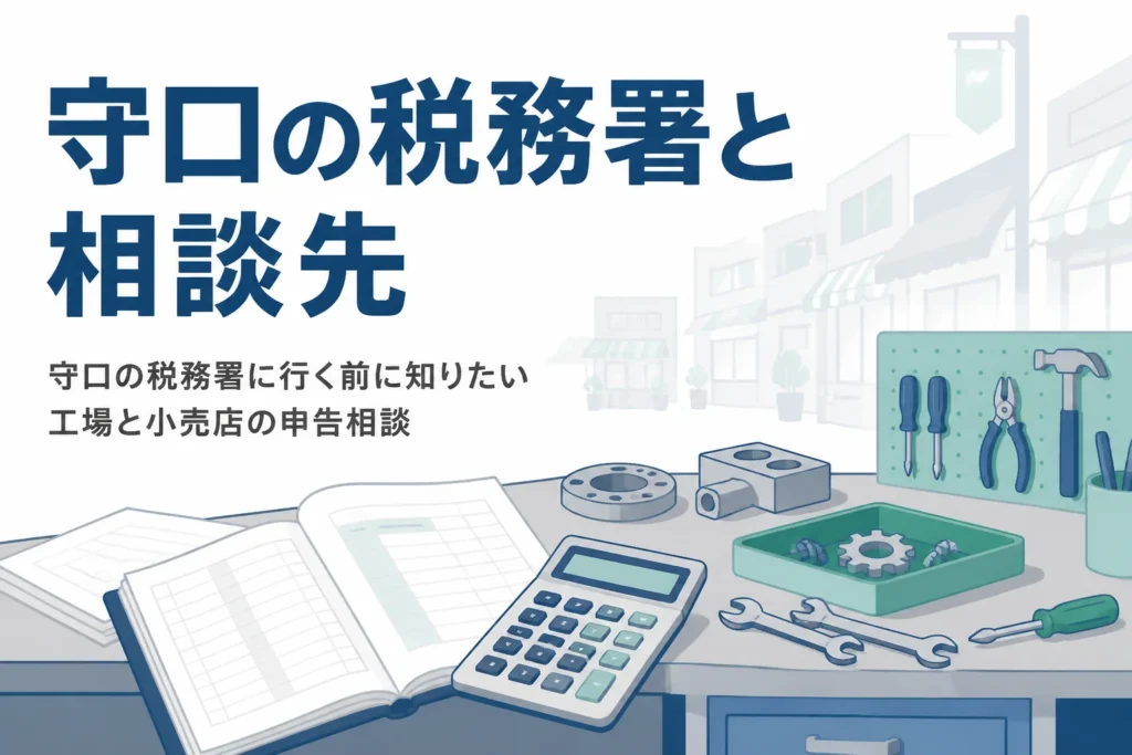 守口の税務署と、工場や小売店の申告の相談先を解説する記事のアイキャッチ