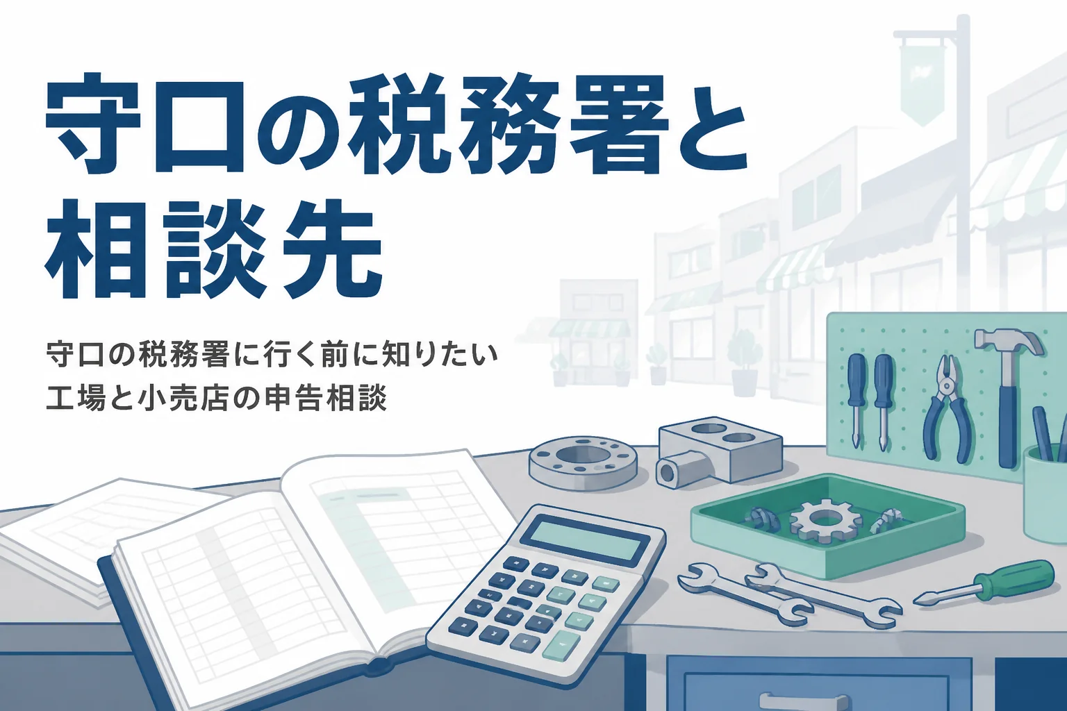 守口の税務署と、工場や小売店の申告の相談先を解説する記事のアイキャッチ