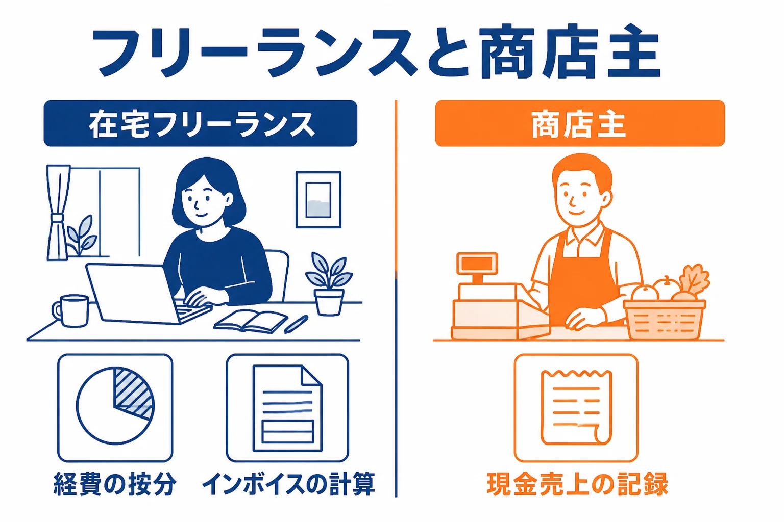 西東京市のフリーランスと商店主で税理士に頼む範囲を比べた図解