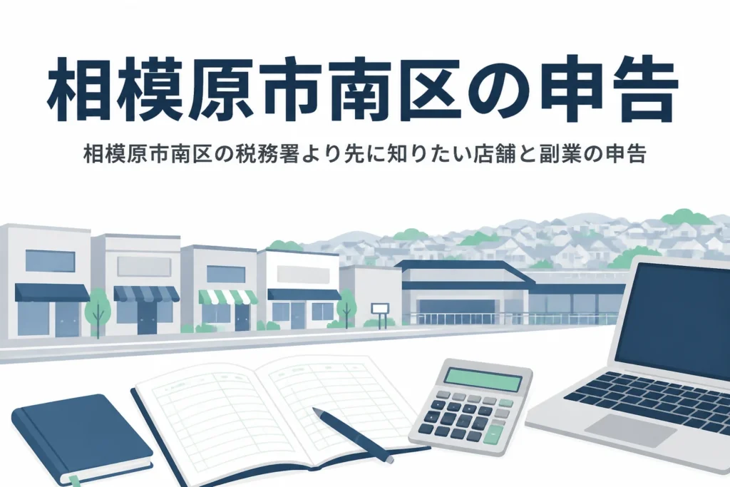 相模原市南区の駅前の店舗と副業世帯向けに、税務署と無料相談、税理士の頼み方を解説する記事のアイキャッチ