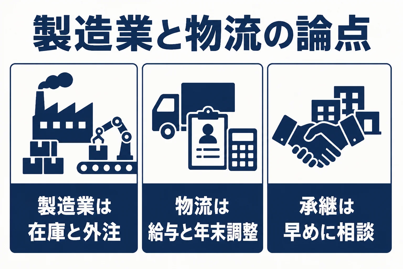 堺市の製造業と物流会社が税理士に頼むことを3点で示した図解