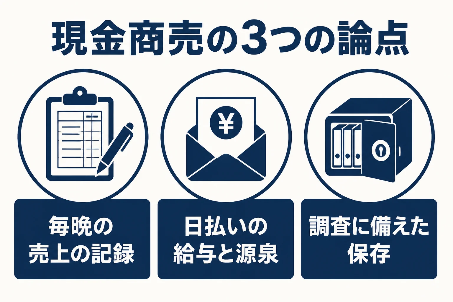 新宿の飲食・夜の店が税理士に相談したい現金管理の3つの論点をまとめた図解