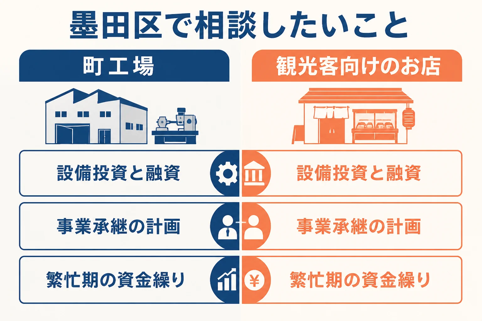 町工場と観光客向けのお店が税理士に相談したいことをまとめた図解