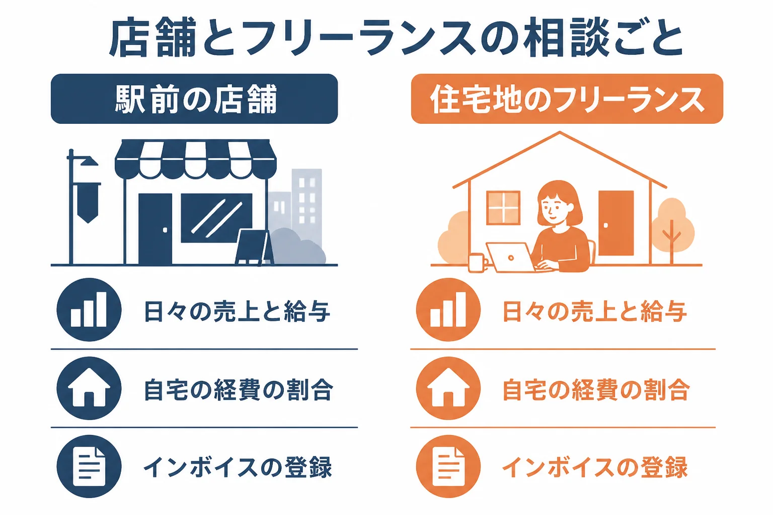 駅前の店舗と住宅地のフリーランスが税理士に相談したいことを比べた図解