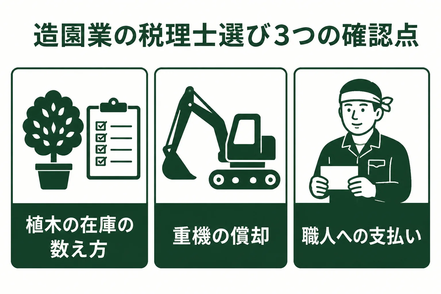 造園業が税理士を選ぶ時に確認したい3つの点をまとめた図解